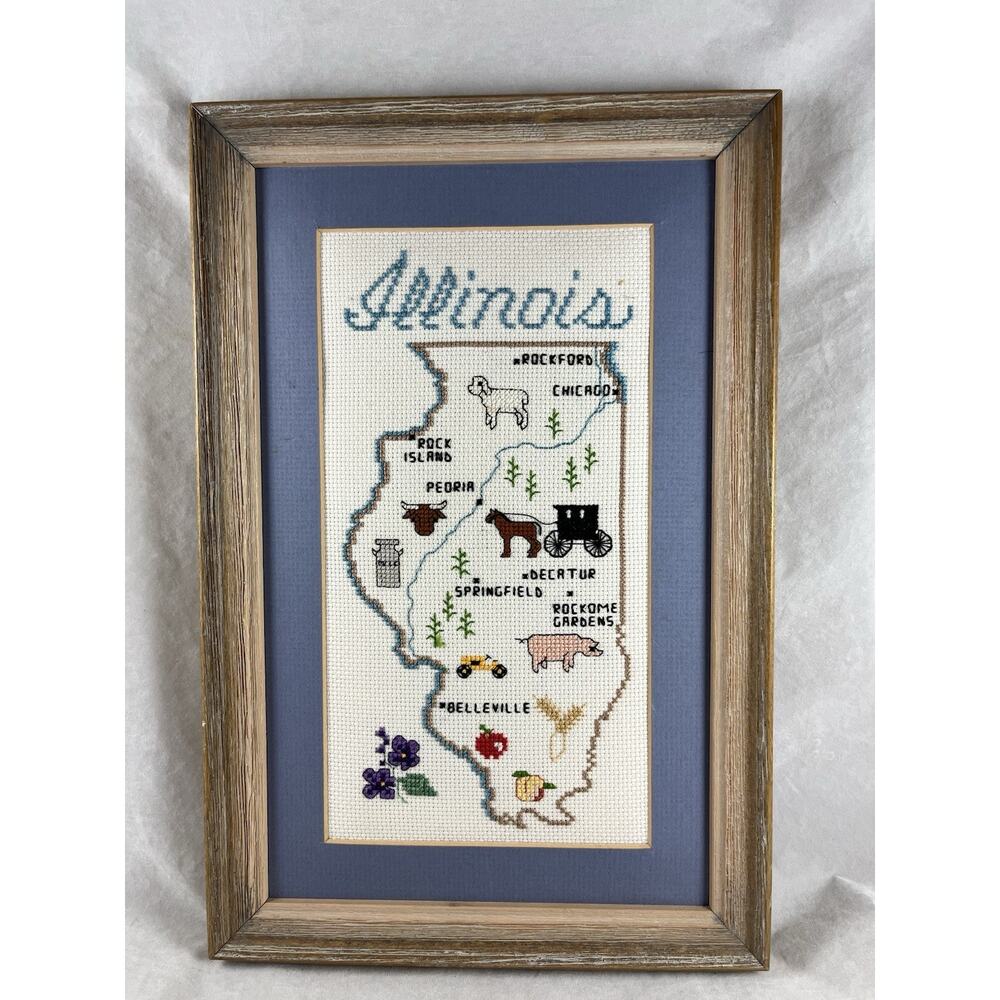 Illinois State Cross Stitch Picture Finished Professionally Framed Matted 14x9